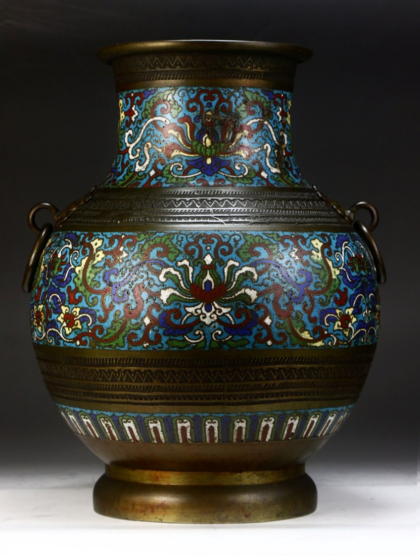 A Big Japanese Antique Cloisonne On Bronze Vase: A Big Japanese Antique Cloisonne On Bronze Vase: of 19th Century; Size: H: 15-1/4"