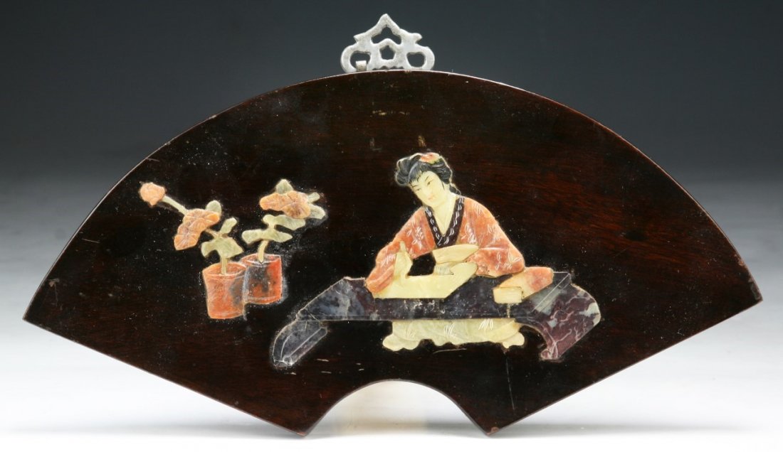 A Chinese Antique Jade Stone Applique Wood Stand (1 of 3)