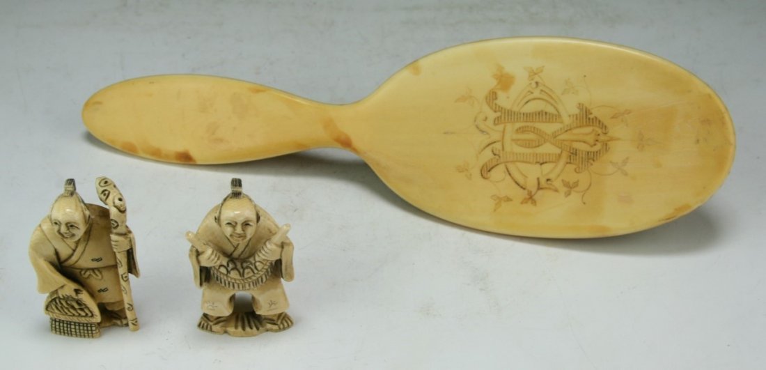 Three (3) Chinese Antique Ivory Netsuke & Hair Brush (1 of 3)