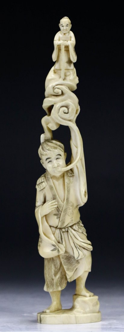 A Japanese Antique Walrus Ivory Carved Figure Group: A Japanese Antique Walrus Ivory Carved Figure Group: Walrus ivory, of Meiji Period (Late 19th Century), NO INTERNATIONAL SHIPPING OF IVORY ITEMS; Size: H: 10"