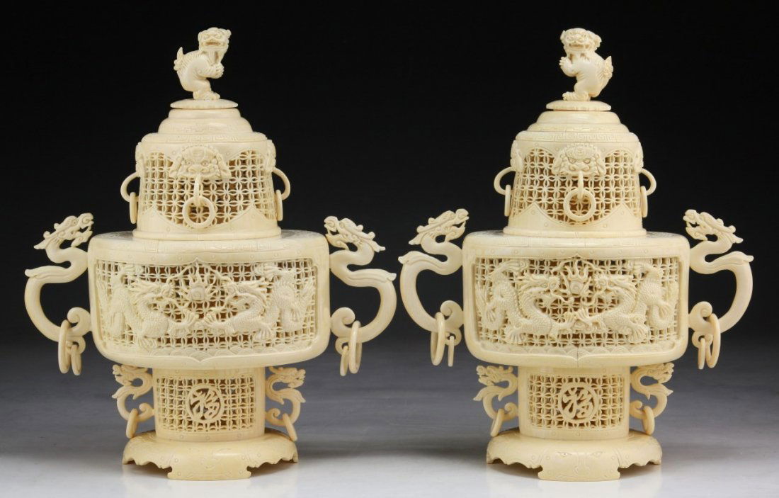 Pair Rare And Fine Chinese Antique Ivory Carved Censers (1 of 10)
