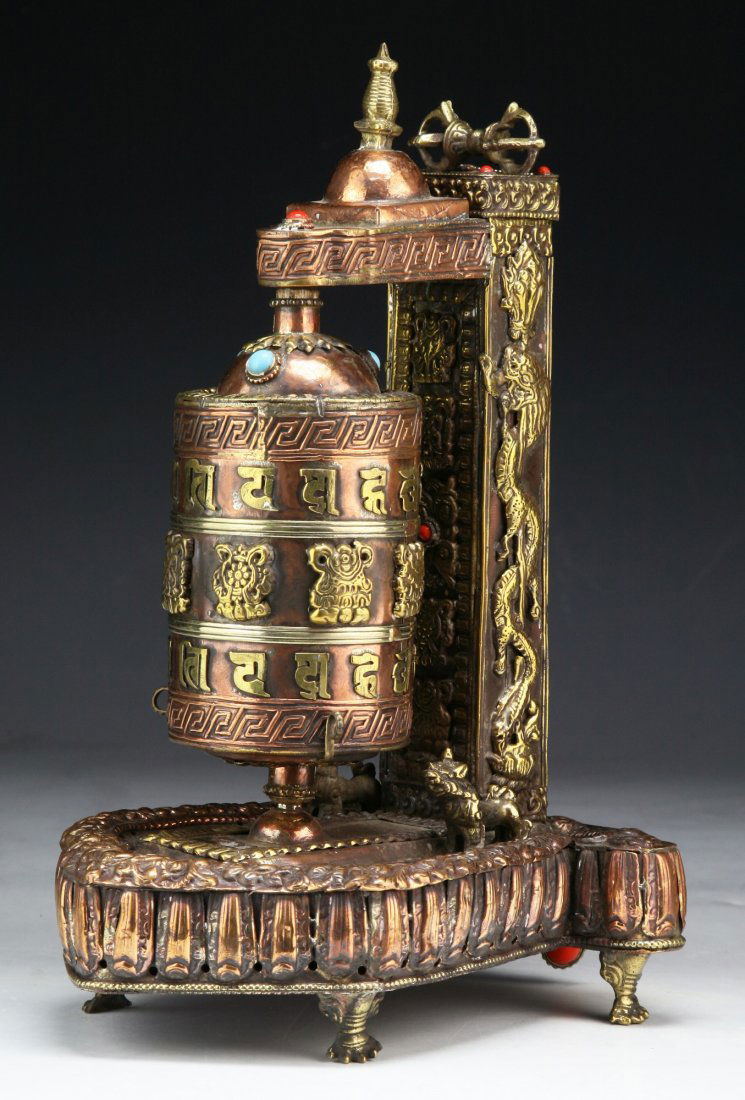 A Tibetan Antique Jeweled Bronze Prayer Wheel (1 of 4)