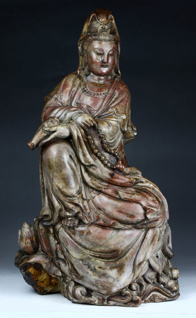 A Big Chinese Antique Shoushan Soapstone Carved Guanyin (1 of 6)