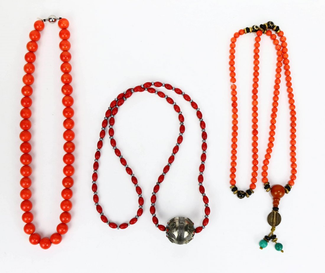 Three (3) Coral Beaded Necklaces (1 of 3)