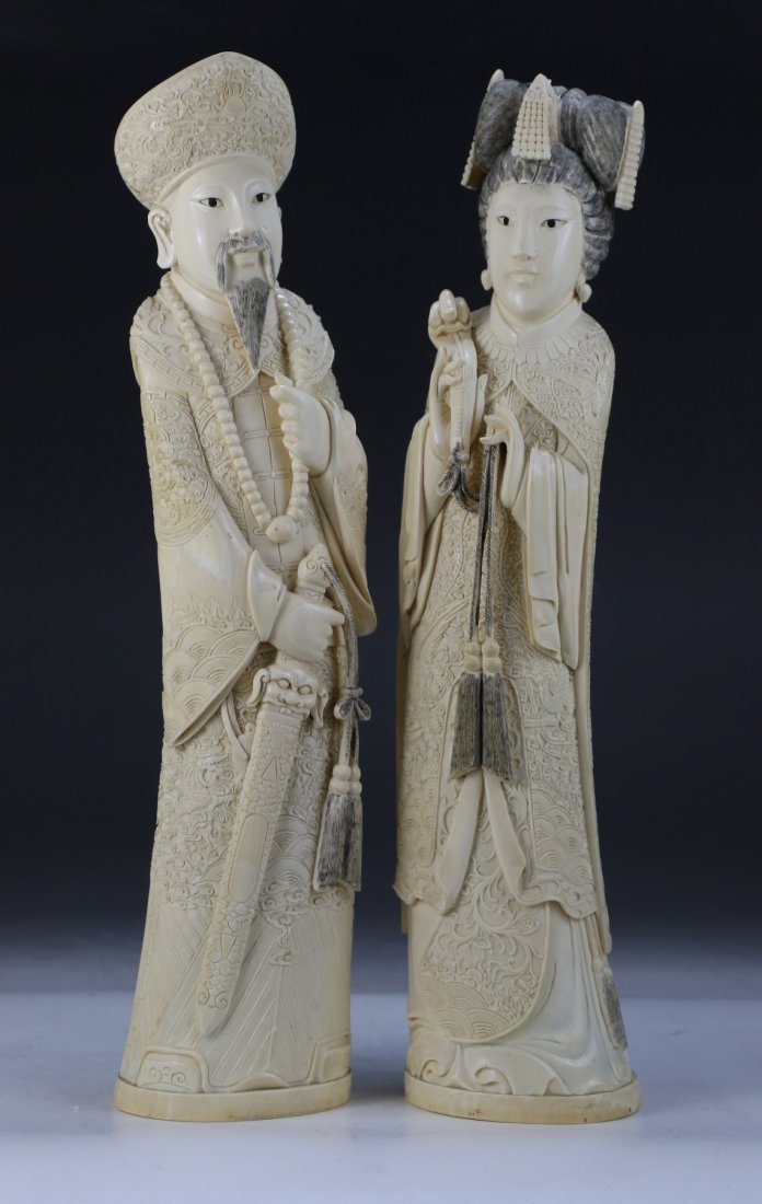 Pair Big Chinese Antique Carved Ivory Emperor & Emperes (1 of 8)