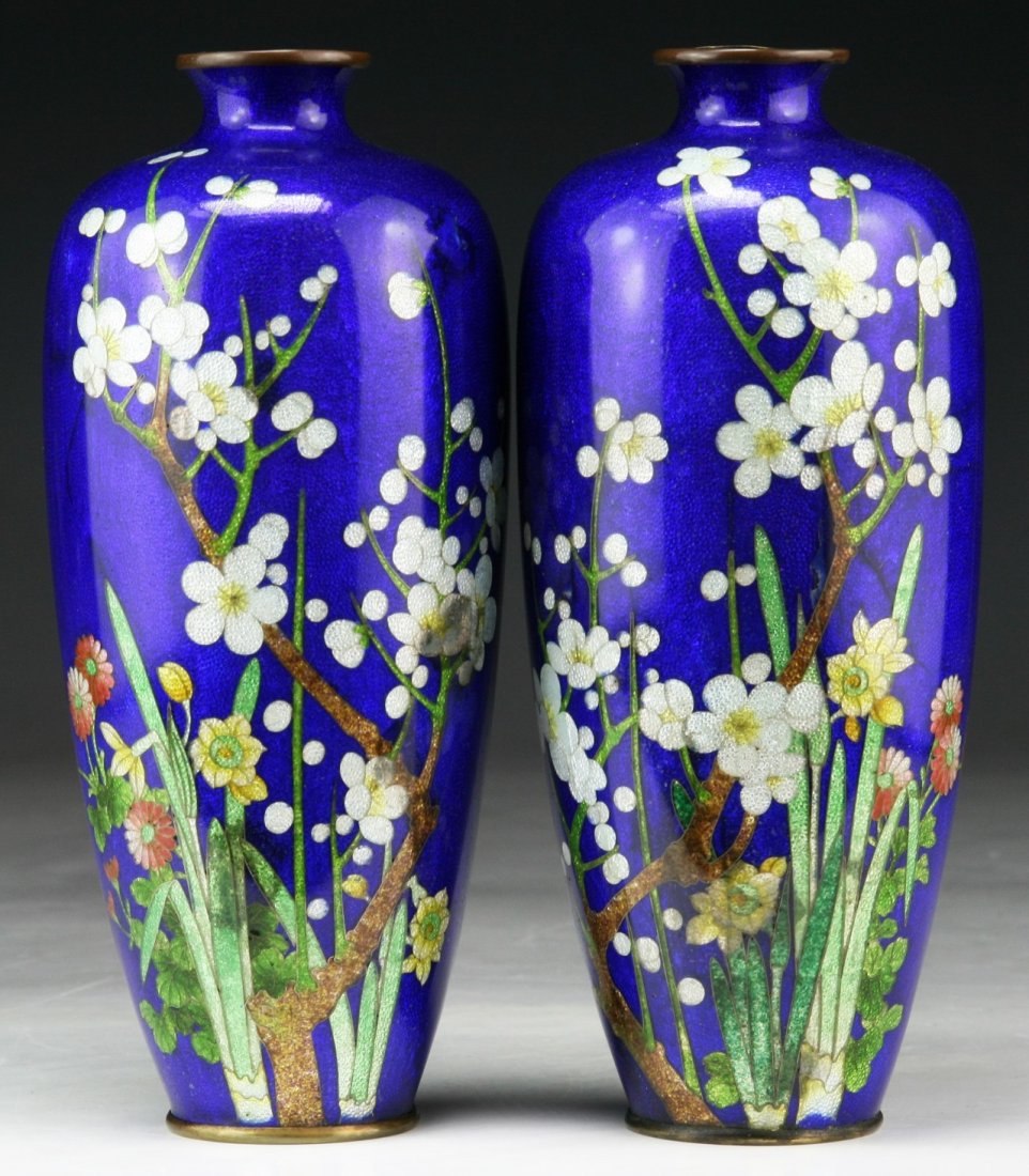 Pair Japanese Antique Ginbari Cloisonne On Silver Vases (1 of 3)