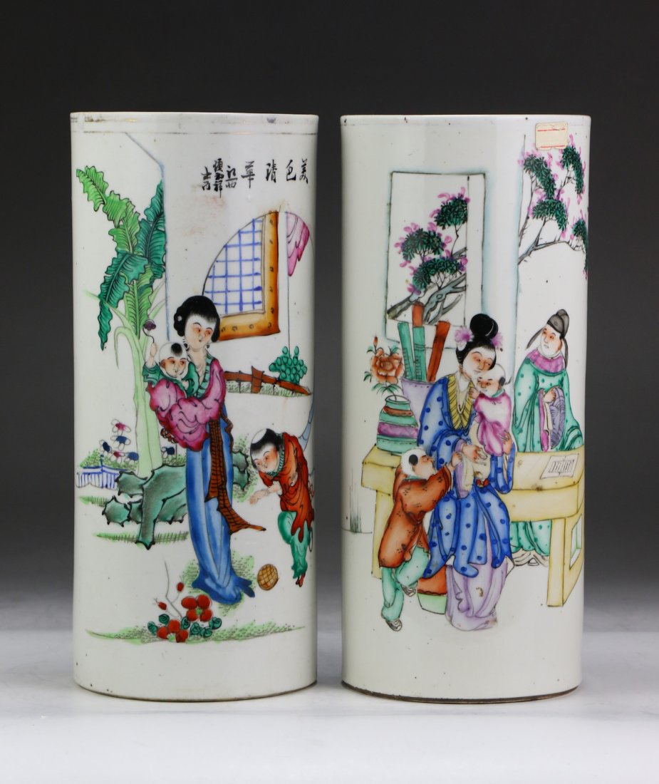 Pair Chinese Antique Famille Rose Porcelain Hat Stands: Pair Chinese Antique Famille Rose Porcelain Hat Stands: of cylindrical form with figures around the body, of Minguo Period; Size: H: 11" (each)