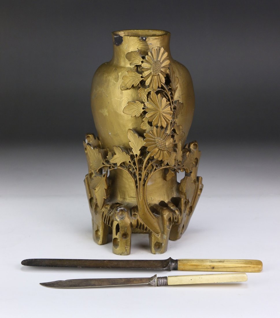 Three (3) Stone Carved Vase & Knives With Ivory Handles (1 of 3)