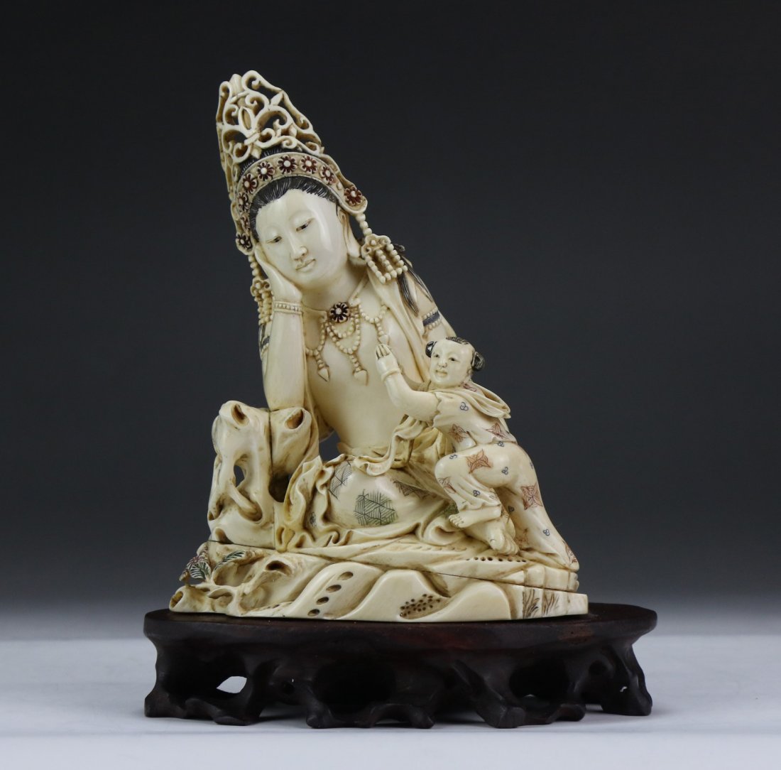 A Chinese Antique Polychrome Ivory Carved Guanyin (1 of 6)