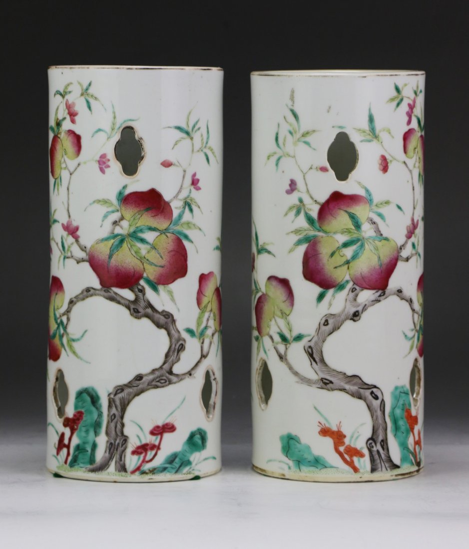 Pair Chinese Antique Famille Rose Porcelain Hat Stands (1 of 6)