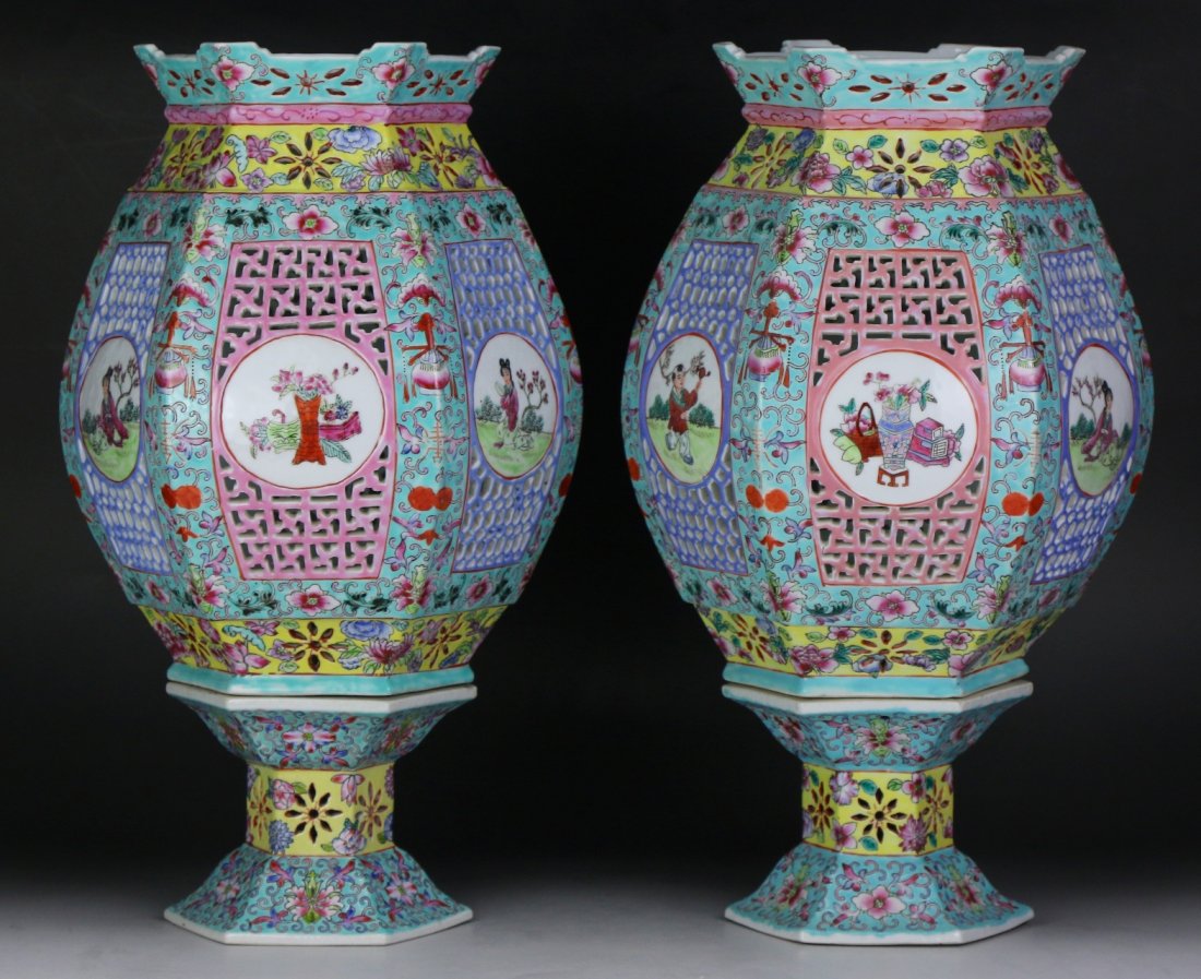 Pair Chinese Antique Famille Rose Porcelain Lamp Shades (1 of 5)