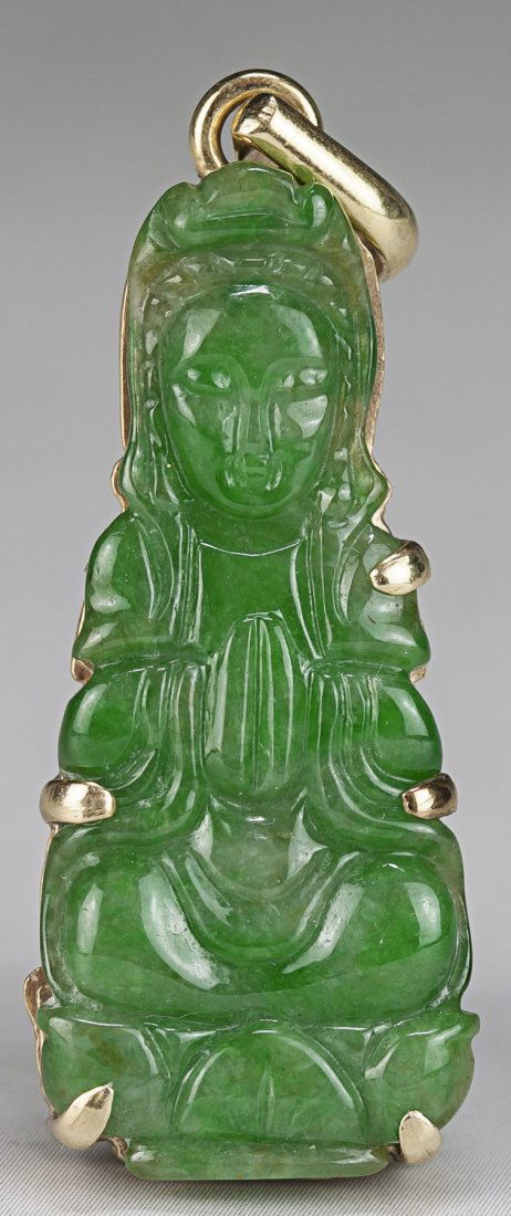 A Jadeite Guanyin Pendant, 18K Gold (1 of 3)