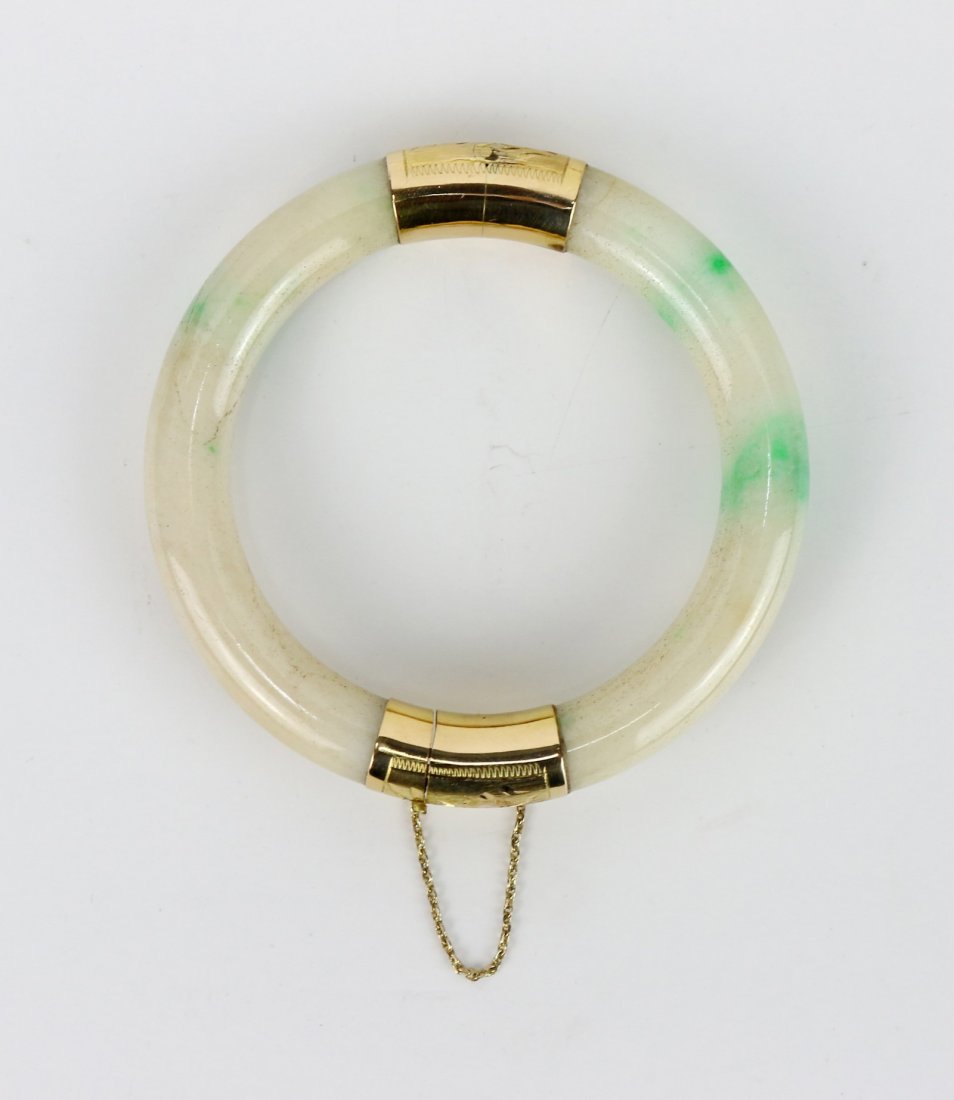 An Antique Natural Jadeite Bangle, 14K Gold (1 of 2)