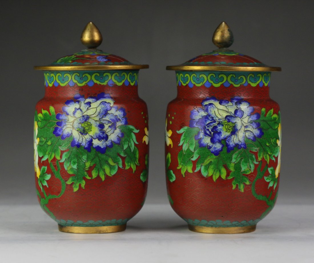 Pair Chinese Antique Cloisonne On Bronze Lidded Jars (1 of 4)