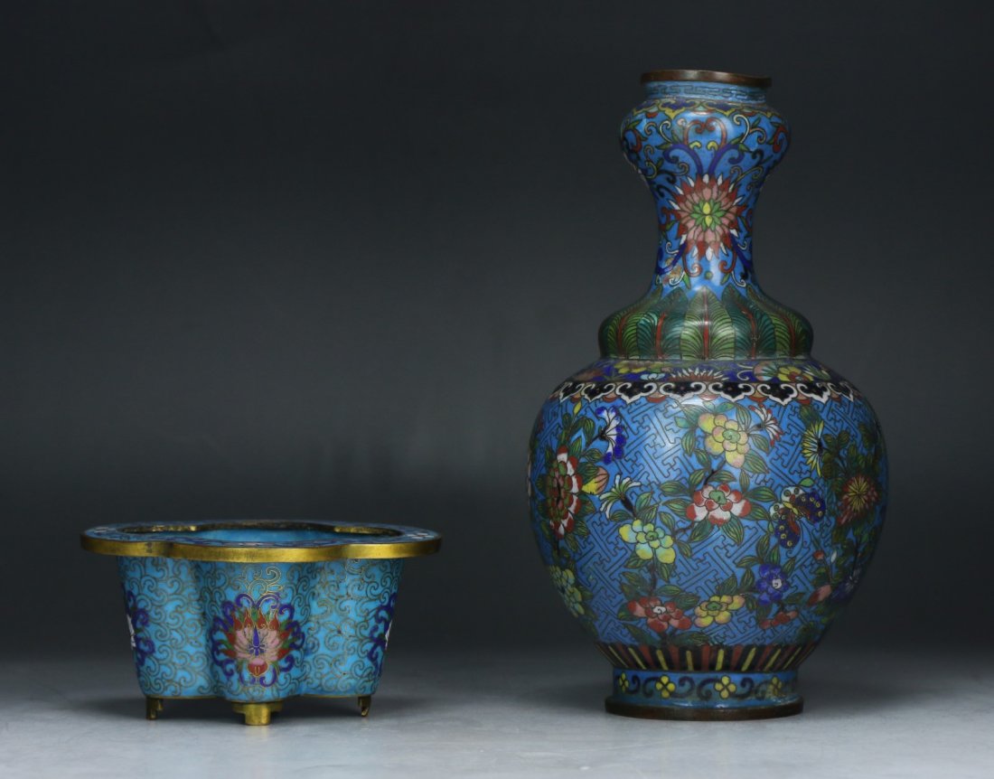 Two (2) Chinese Cloisonne On Bronze Vase & Bowl (1 of 4)