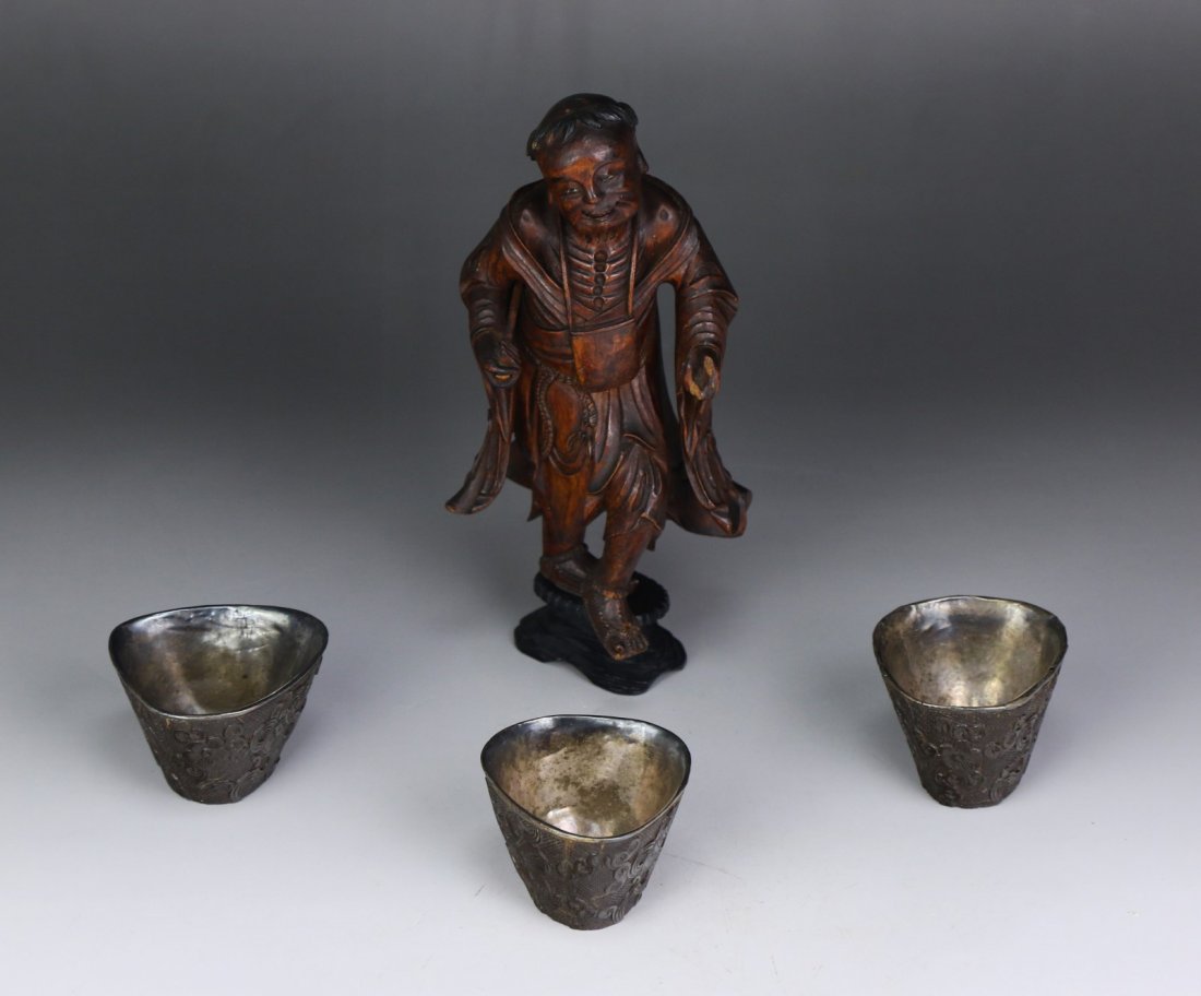 Four (4) Chinese Antique Silver Cups & Wood Figure (1 of 1)