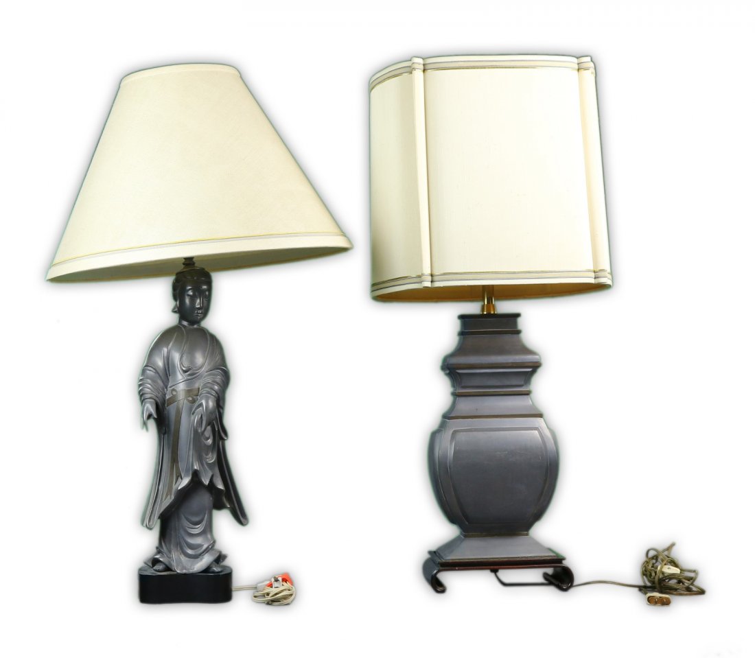 Two (2) Chinese Pewter Statue Lamps (1 of 3)