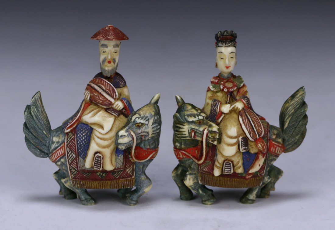 Pair Antique Polychrome Ivory Carved Snuff Bottles (1 of 4)