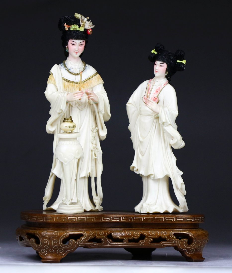 A Chinese Antique Polychrome Ivory Carved Figure Group (1 of 4)