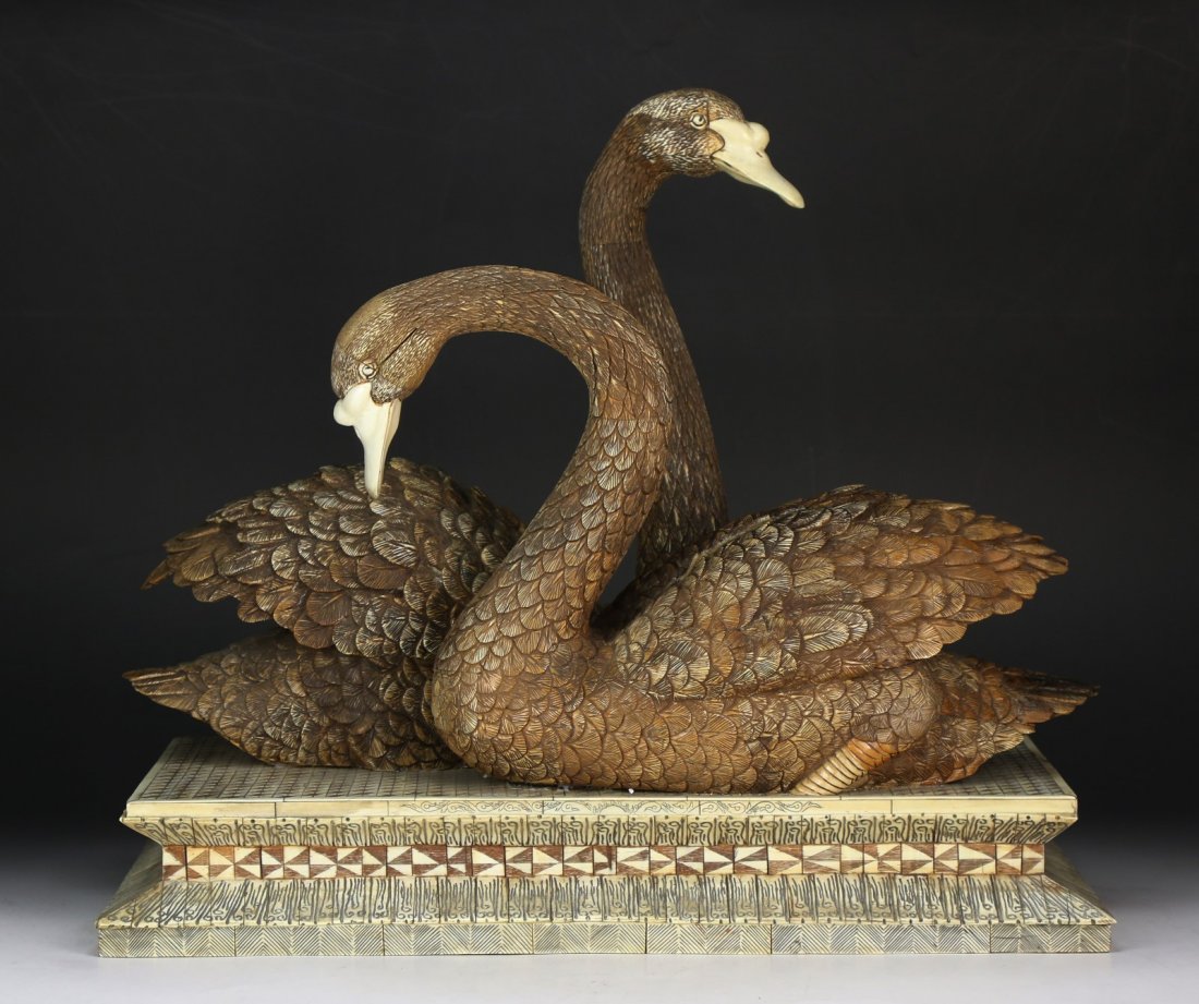 A Chinese Antique Polychrome Ivory Carved Swan Group (1 of 7)
