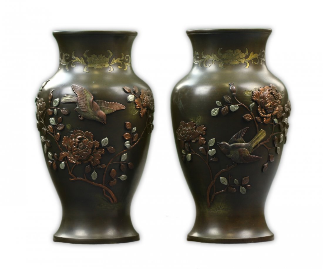 Pair Fine Japanese Antique Mixed-Metal-Inlaid Vases (1 of 3)