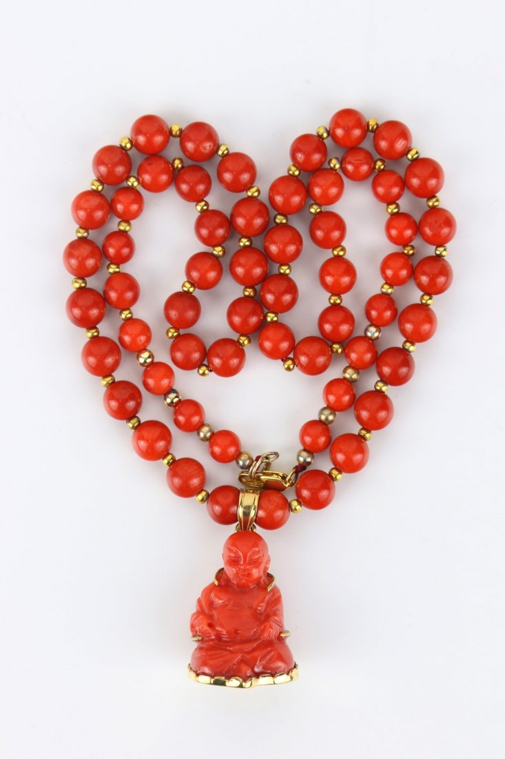 A Chinese Carved Red Coral Pendant With Bead Necklace (1 of 4)