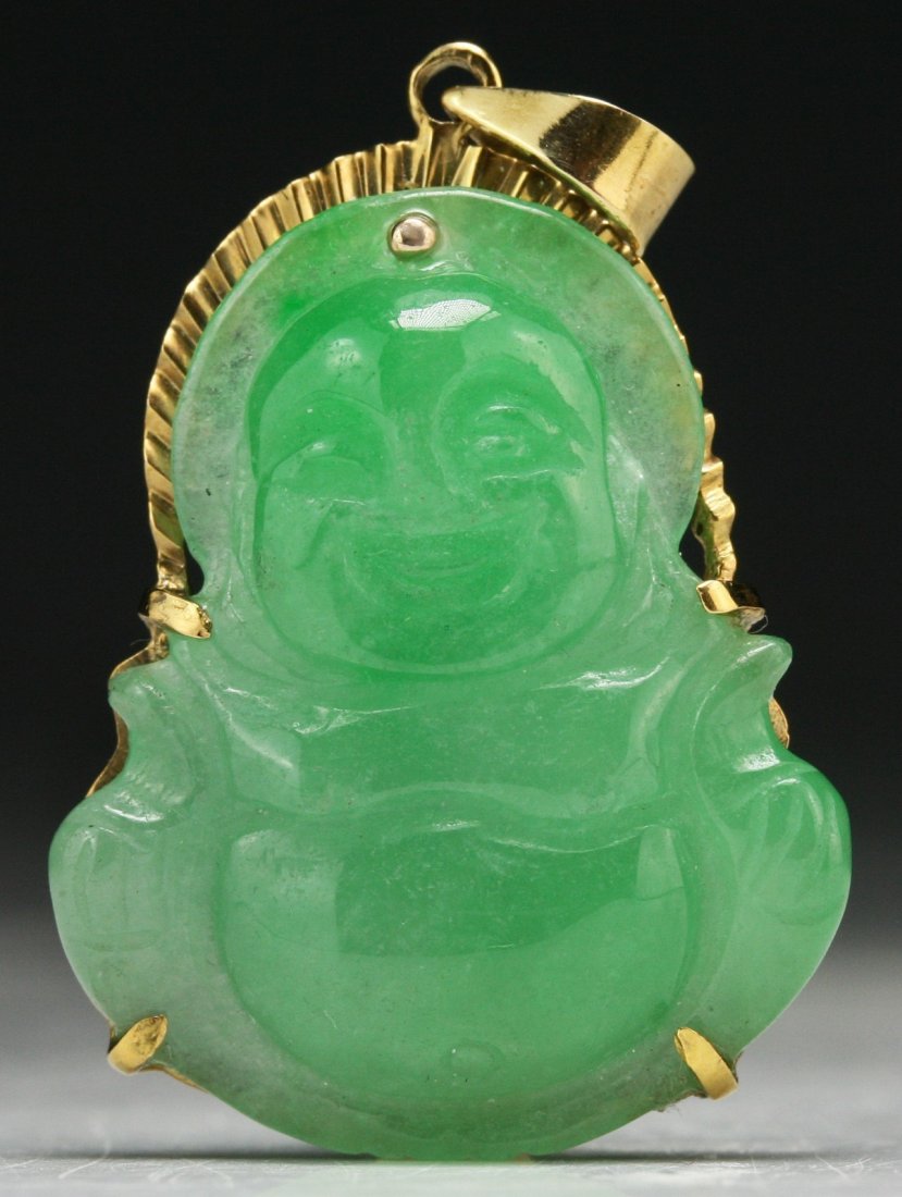 A Green Jadeite Buddha Pendant, 18K Gold (1 of 3)