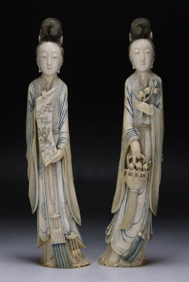 Pair Chinese Antique Polychrome Ivory Carved Beauties (1 of 10)