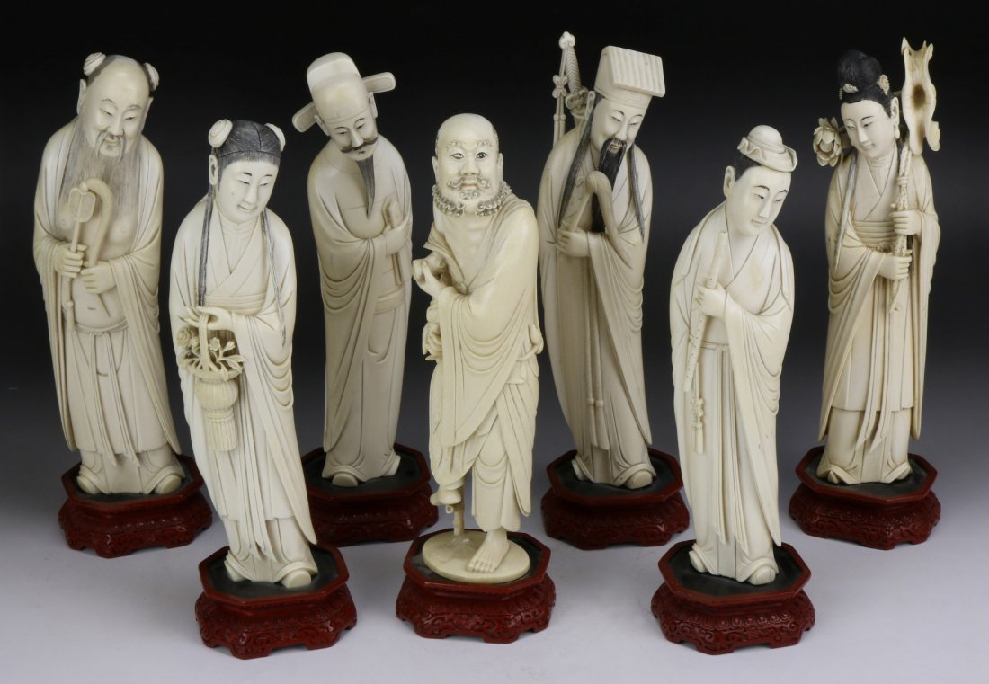 Seven (7) Chinese Antique Ivory Carved Immortal Figures (1 of 8)