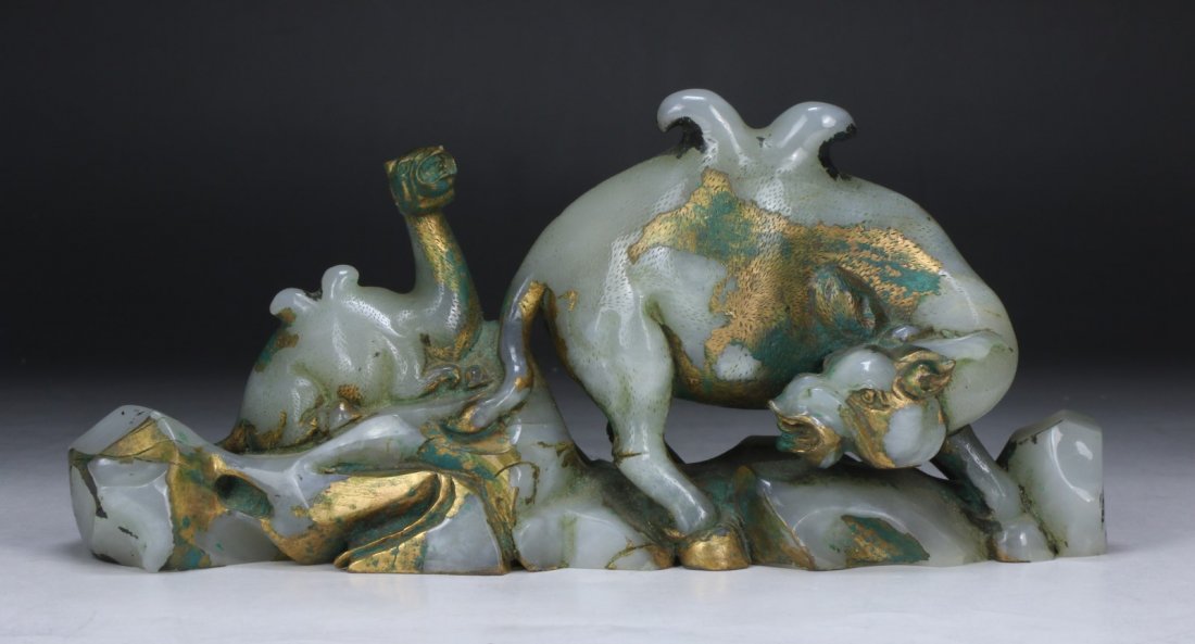 A Gilt On Jade Carved Camel Group (1 of 3)