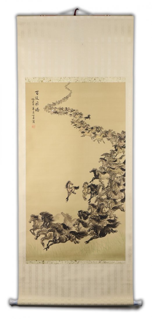 A Chinese Paper Hanging Painting Scroll By Zhou,: A Chinese Paper Hanging Painting Scroll By Zhou, Tianlin: horses, ink and color on paper, sealed and inscribed by the artist; Size: H: 44-1/2"; W: 24-1/2" (overall) H: 71"; W: 28-1/2"