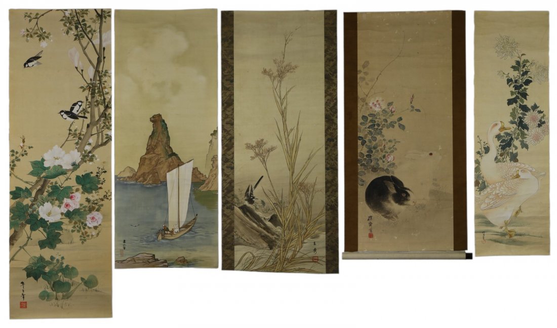 Five (5) Japanese Paper Hanging Painting Scrolls (1 of 6)