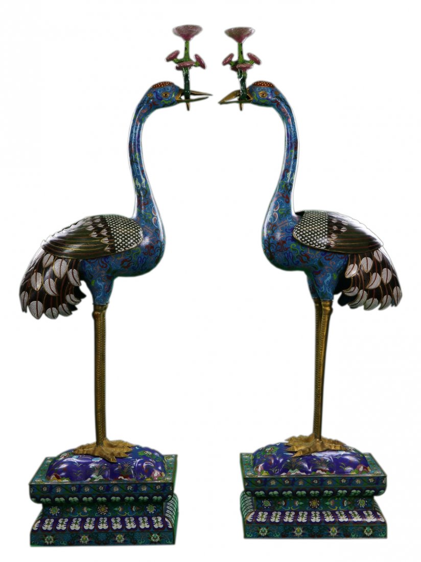 Pair Rare Massive Chinese Antique Cloisonne Cranes (1 of 10)