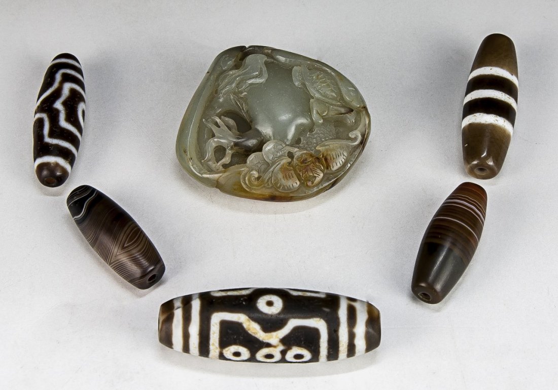 Six (6) Dzi Style Beads & Stone Carving (1 of 1)