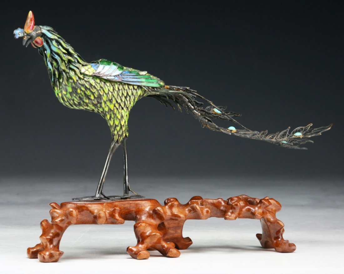 A Chinese Antique Jeweled Cloisonne On Silver Peacock (1 of 3)