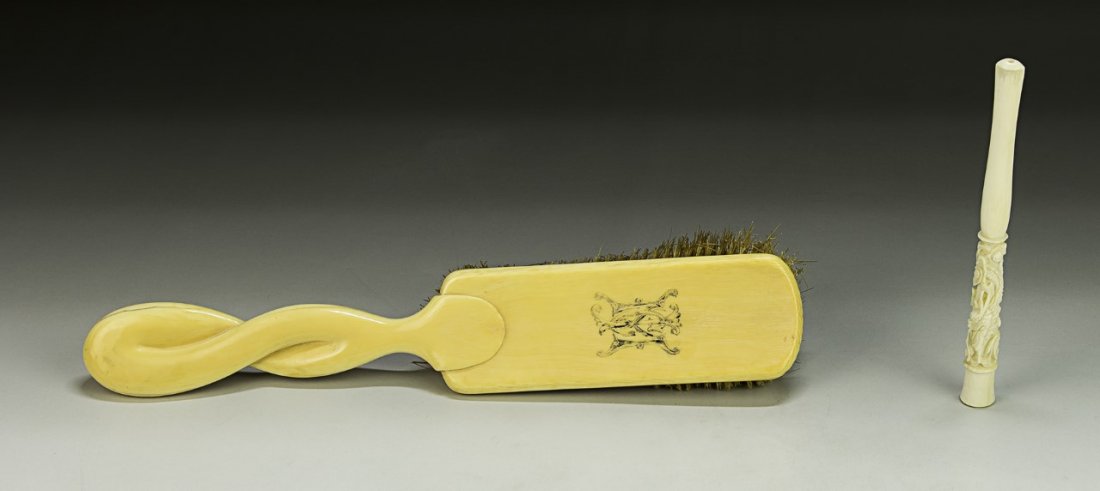 Two (2) Chinese Antique Ivory Carved Hair Brush & Pipe (1 of 3)