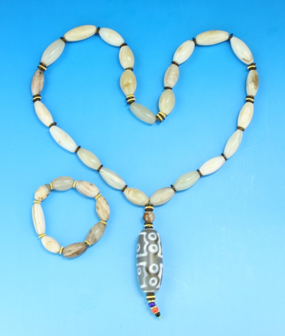 Two (2) Tibetan Style Agate & Dzi Bead Pendant Necklace (1 of 1)