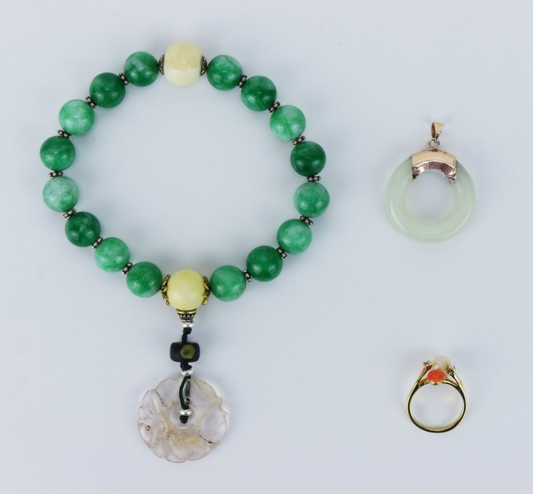 Three (3) Jadeite & Coral Bracelet, Pendant, & Ring (1 of 6)