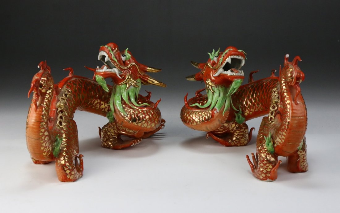 Pair Chinese Gilt Porcelain Dragons: Pair Chinese Gilt Porcelain Dragons; Size: L: 10" (each)