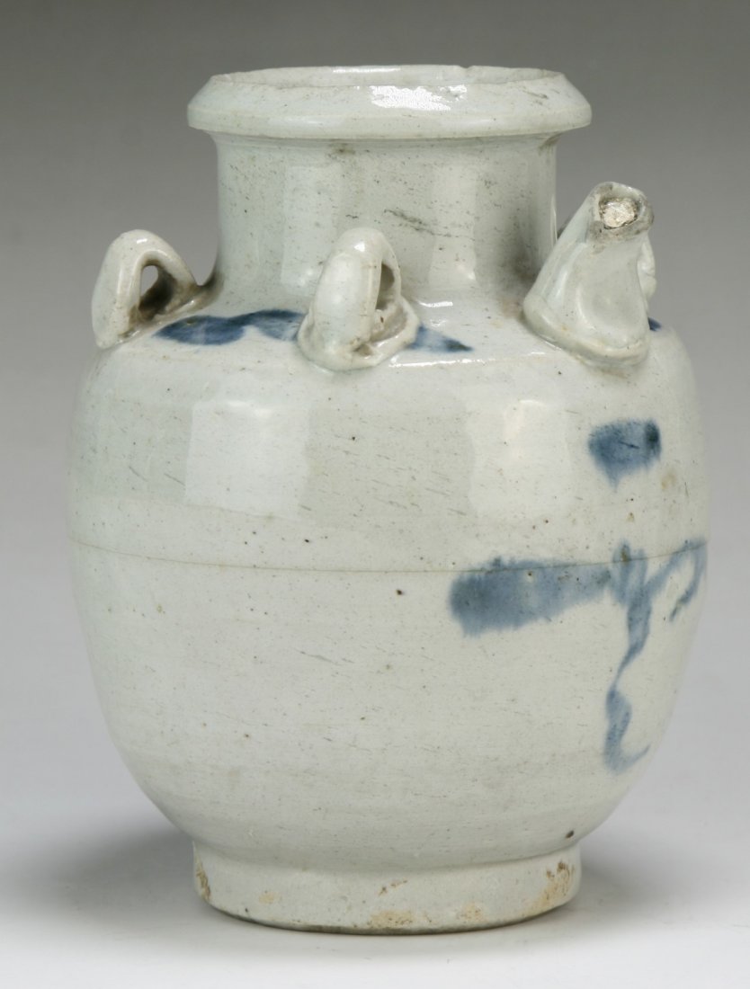 A Korean Antique Blue & White Porcelain Wine Pot: A Korean Antique Blue & White Porcelain Wine Pot; Size: H: 5-1/2"