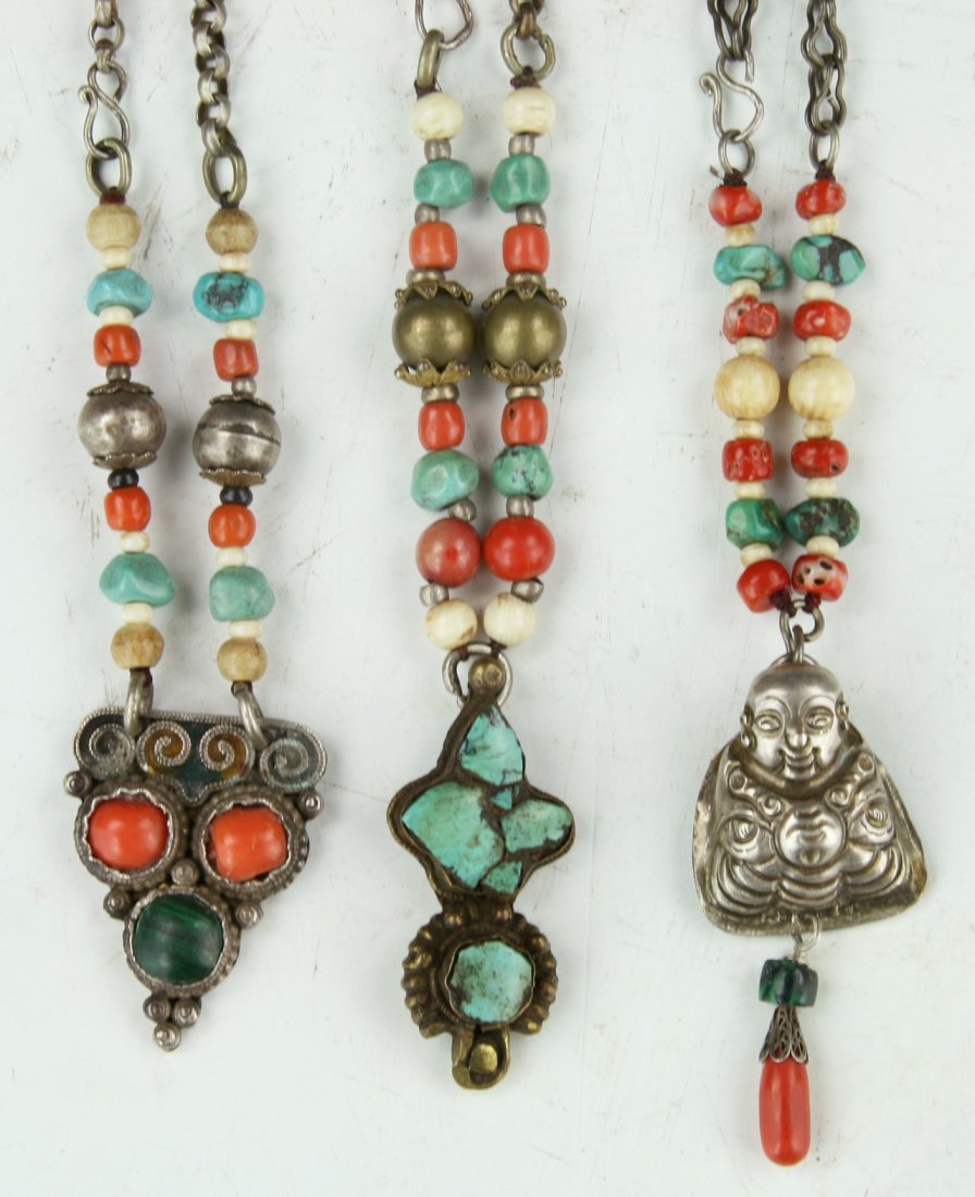 Three (3) Chinese Antique Coral & Turquoise Silver (1 of 2)