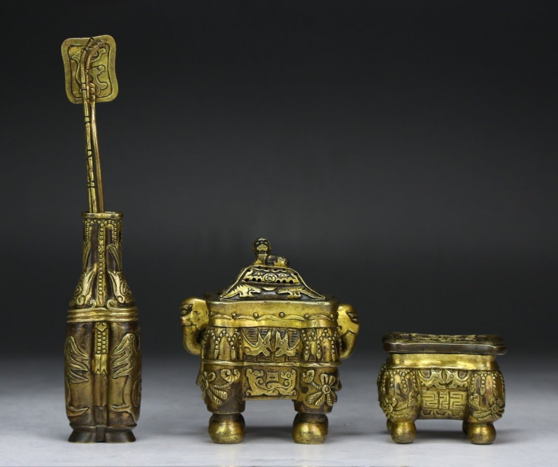 Set Of Three (3) Chinese Bronze Lidded Cases & Vase (1 of 7)