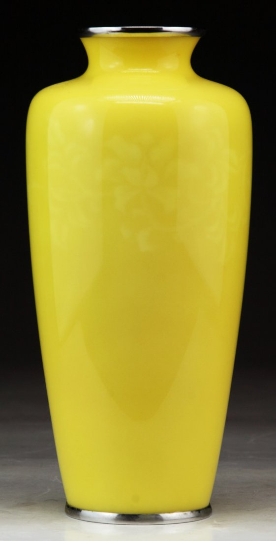 A Fine Japanese Antique Yellow Cloisonne Enamel Vase: A Fine Japanese Antique Yellow Cloisonne Enamel Vase Silver Mount: of Meiji Period; Size: H: 8-1/4"