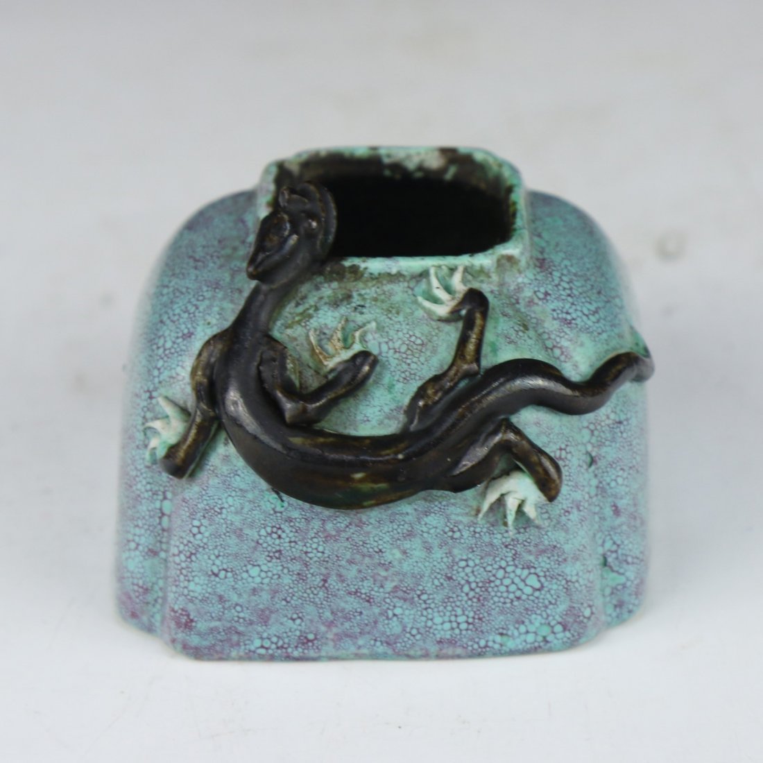 A Chinese Antique Lu-Jun Glaze Porcelain Water Dropper: A Chinese Antique Lu-Jun Glaze Porcelain Water Dropper: of squared form rising to a dome mouth while a Chi-dragon rest to one side, of Late QING Dynasty; Size: L: 2-1/2"; H: 2"