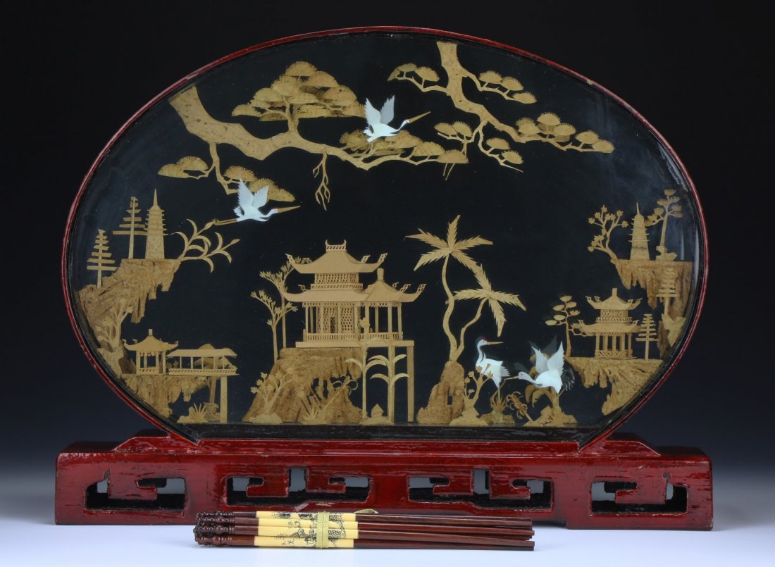 A Table Screen & Five (5) Pairs Bone Chopsticks: A Table Screen & Five (5) Pairs Bone Chopsticks; Size: L: 18-1/2"; H: 14-1/2" (biggest)