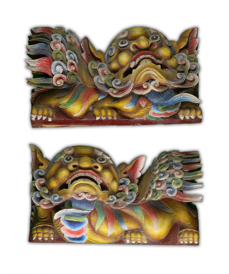 Pair Chinese Polychrome Wood Carved Lions (1 of 2)