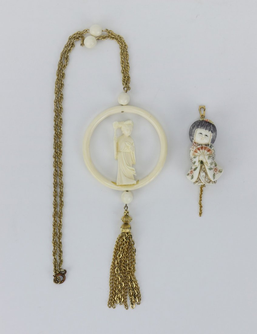 Two (2) Antique Ivory Pendant Necklace & Polychrome (1 of 2)