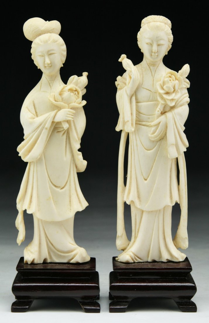 Pair Chinese Antique Carved Ivory Beauties (1 of 3)