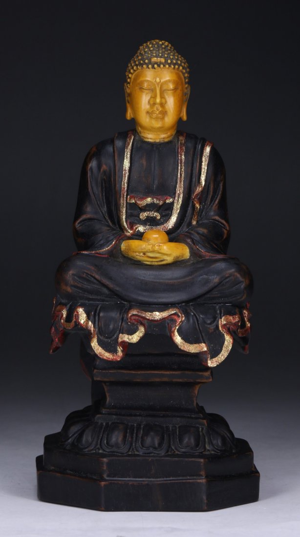 A Chinese Antique Gilt Ivory & Wood Carved Buddha (1 of 5)