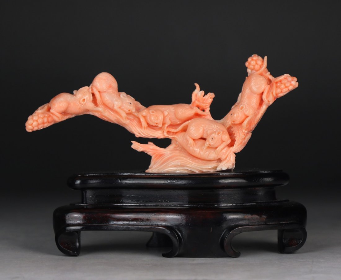 A Chinese Antique Pink Coral Carved Figure Group (1 of 4)